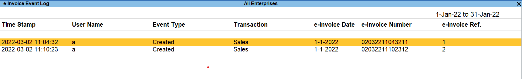 e-invoice log in TallyPrime