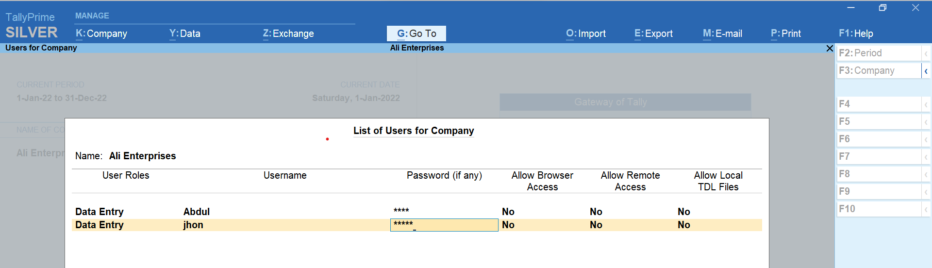 User management in TallyPrime
