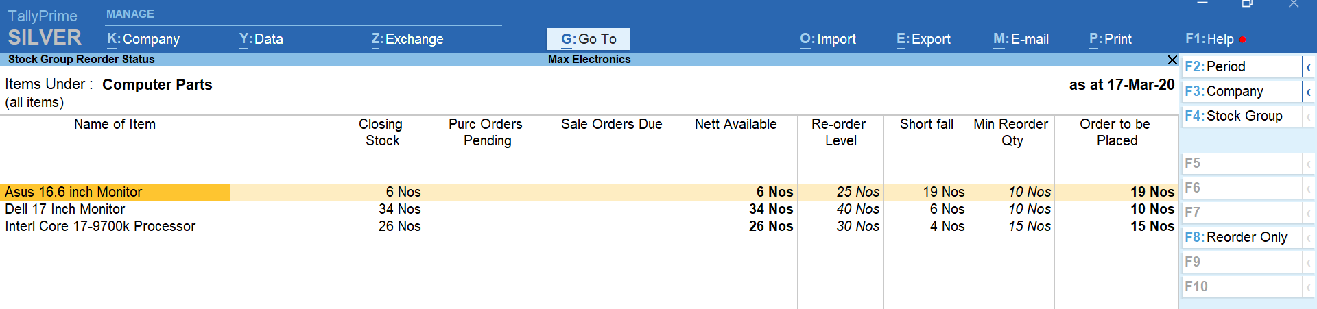 Reorder report Reorder report - TallyPrime
